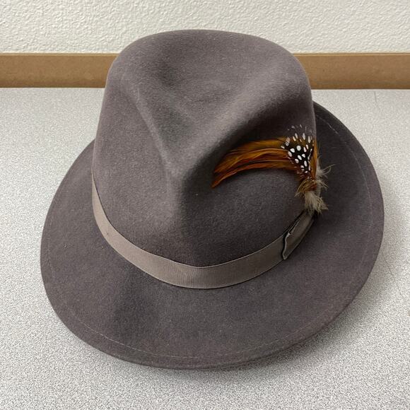 Goorin Bros Fedora Hat Medium Wool Feather Ribbon Band Pinched Teardrop USA - Picture 2 of 8